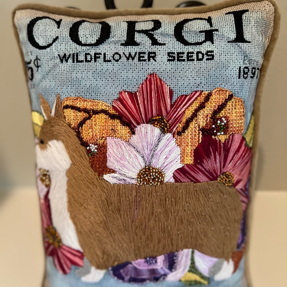 Hand Needlepoint Stitches of Gorgi And Flowers.